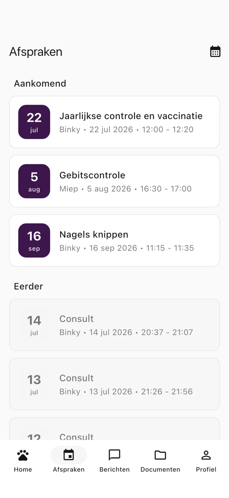 Reminders screen in the Zoravet app.